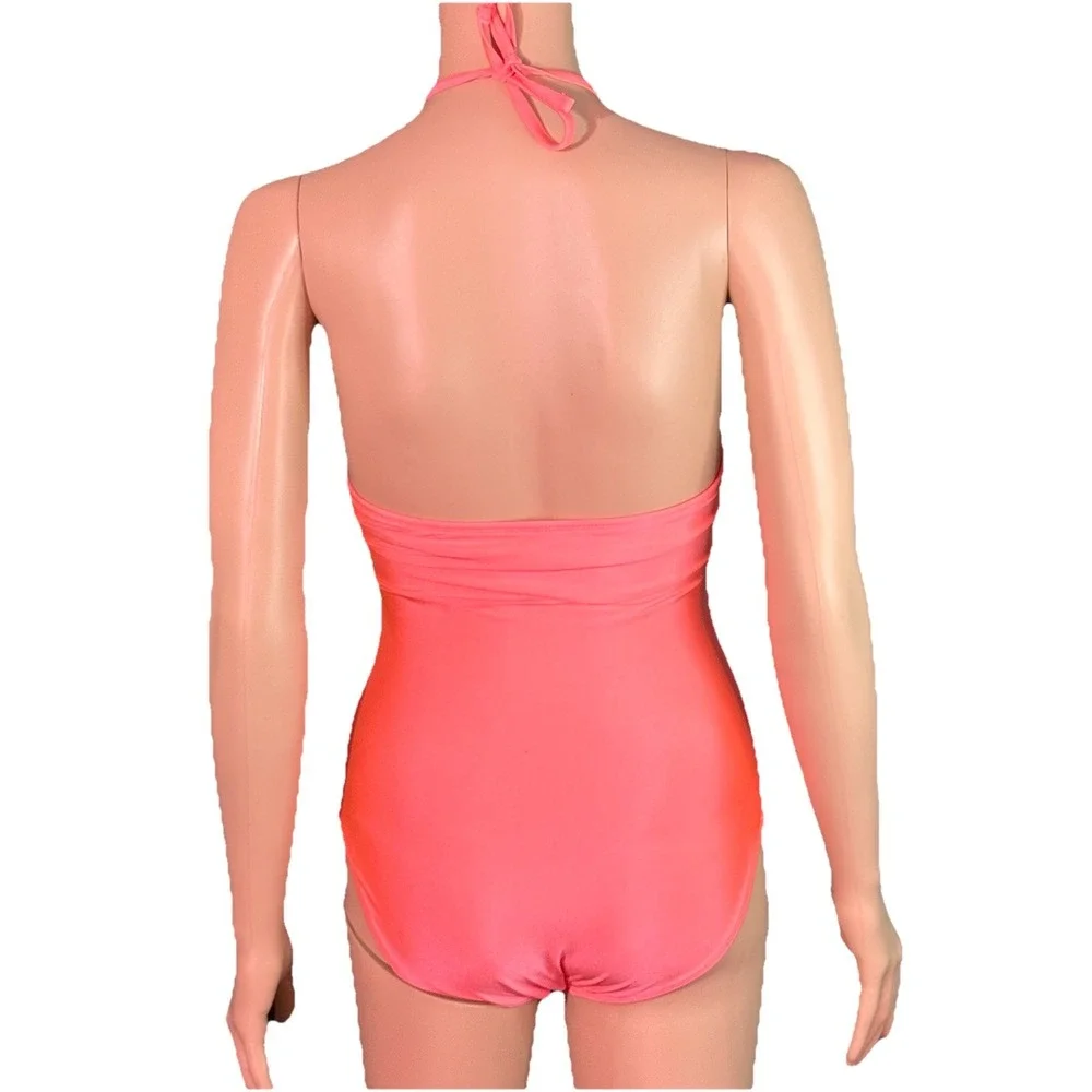 One-Piece Girls Coral Pink Swimsuit Halter Neck Tie-Back String Size L (10-12)